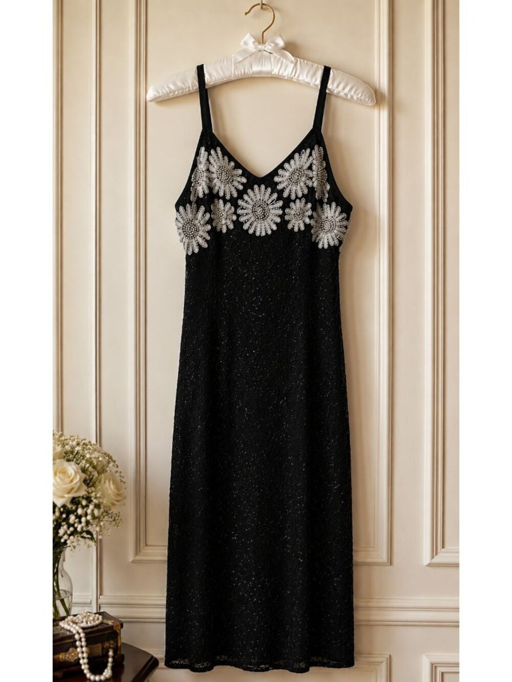 Pure Silk Black White Floral Hand Beaded Women M Vintage Evening Dress & Jacket - Picture 6 of 16